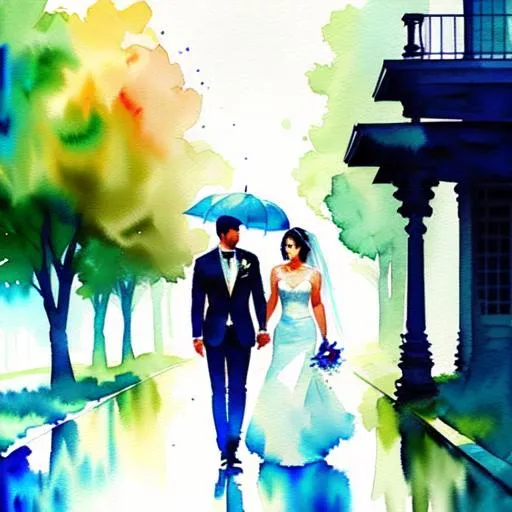 Prompt: Prompt: watercolor painting in the style trending online, evoking the feeling in the song lyric: "wedding pictures left out to ruin in the rain"
