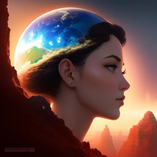 Prompt: Create a high-resolution head and shoulders painting of a planet-sized, gorgeous giantess bursting out of the Earth's crust. The scene should be intense and dramatic with cinematic lighting that highlights her stunning features. The artwork should be inspired by the styles of Norman Rockwell, Craig Mullins, and Ross Tran, and should be in 4K resolution. The focus should be on the giantess's face and upper body as she emerges from the planet, and the overall effect should be awe-inspiring and powerful.