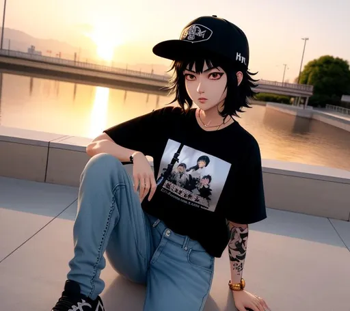 Prompt: manga by Kohei Horikoshi, hot tough 3D korean girl with medium length black fluffy hair and black eyes, arm tattoos, pale complexion, Joan Jett lookalike, round face, bushy eyebrows, smug expression, glaring eyes, snapback hat, baggy long black shirt and baggy jeans, skatepark setting, golden hour, medium shot, mid-shot, front view, ultra realistic, intricate details, highly detailed, trending on Artstation, Hyperealistic details ray tracing shaders, octane render 8 k, 64k, UHD, unreal engine 
