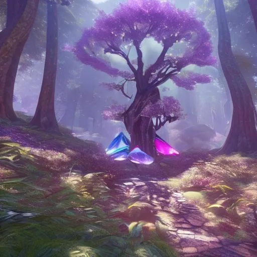 Prompt: In a dense virgin forest, a gem tree grows, and the colorful long-shaped gems emit bright light.Gorgeous、Unreal engine、Epicfantasy、Super details、Realistic