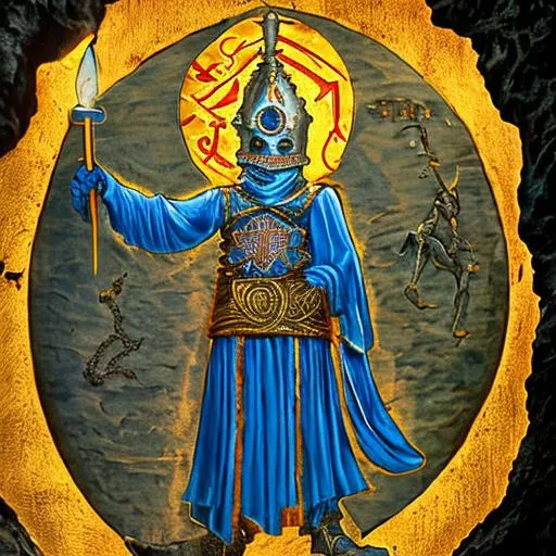 Prompt: blue knight covered in ancient symbols in a cave with a torch in hand

