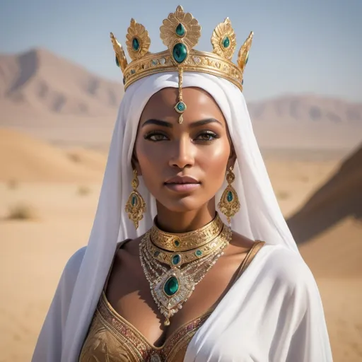 Prompt: In the heart of a Middle Eastern kingdom, where the desert winds whisper ancient tales and the golden sun bathes the land in warmth, reigns a queen of unmatched beauty and grace.

Her presence is a vision of regal elegance, commanding attention with every step she takes. Tall and statuesque, she moves with the grace of a desert gazelle, her movements fluid and deliberate.

Adorned in garments of exquisite craftsmanship, she wears flowing robes of rich fabrics, intricately embroidered with patterns that tell the stories of her people and their rich cultural heritage. Jewels of the finest quality adorn her person, sparkling in the sunlight and adding to her radiant allure.

Her skin, kissed by the sun and glowing with a natural luminosity, bears the subtle markings of her noble lineage. Her eyes, deep and soulful, reflect the wisdom and compassion that lie within her heart, as well as the strength and resilience that have guided her reign.

Around her neck, she wears a necklace of precious stones, each one a symbol of her power and authority. In her hands, she holds a scepter, a symbol of her rule and her commitment to the prosperity and well-being of her kingdom.

As she addresses her subjects with words of wisdom and kindness, her voice carries the weight of authority and compassion. She is a beacon of hope and inspiration to her people, guiding them with grace and dignity through times of triumph and adversity alike.

In the hearts of her subjects, she is revered as a symbol of strength, beauty, and wisdom. She is not just a queen, but a beloved leader and a cherished guardian of her people's hopes and dreams. She is the embodiment of the enduring spirit and timeless beauty of the Middle East.

she is white






