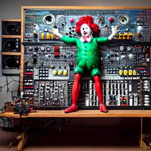 Prompt: A monumental statue of a clown made from vintage modular synth parts