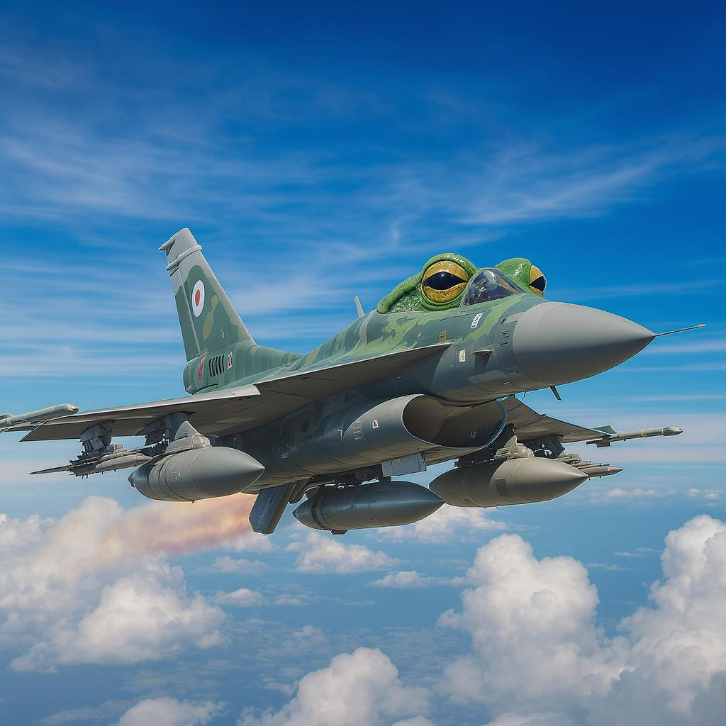 A jet with bombs with a frog head in the sky