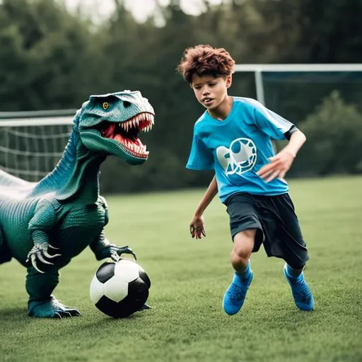 Prompt: boy playing soccer with a pet t-rex