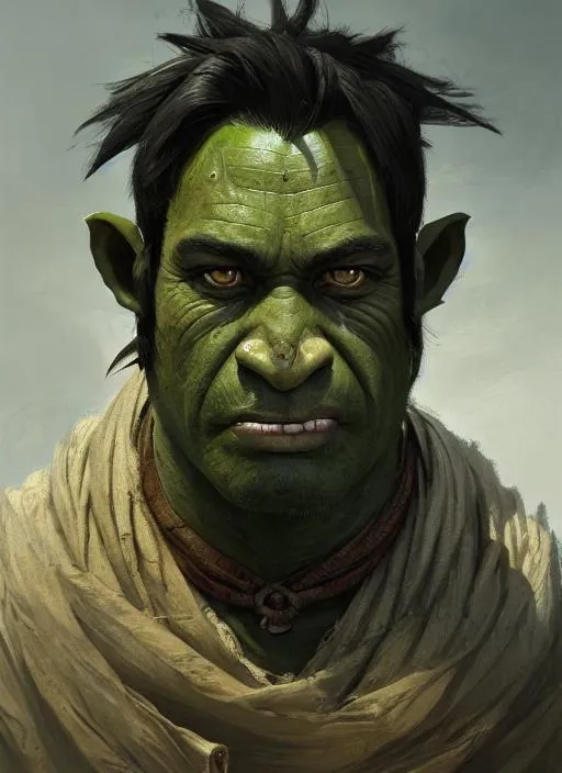 Prompt: Portrait of orc merchant with black hair and green skin and with rough, burly face, perfect composition, hyperrealistic, super detailed, 8k, high quality, trending art, trending on artstation, sharp focus, studio photo, intricate details, highly detailed, by greg rutkowski