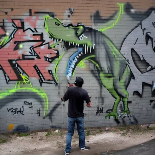 Prompt: 
Trex tagging a wall with graffiti
