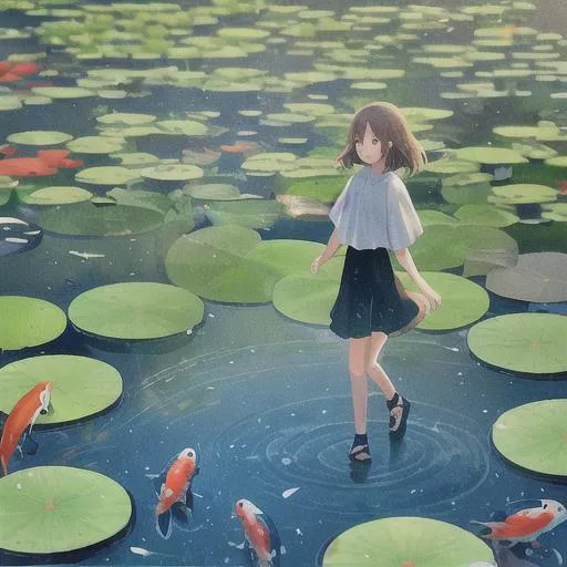 Prompt: Girl walking on water, pond surrounded by koi and lily pads