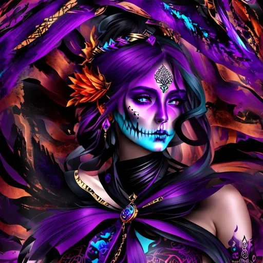 Prompt: beautiful freeform dark chaos epic bold, 3D, HD, {one}({liquid ink {Celtic}Sugarskull} with {Purple gold blue red silver black}ink), expansive psychedelic background --s99500 