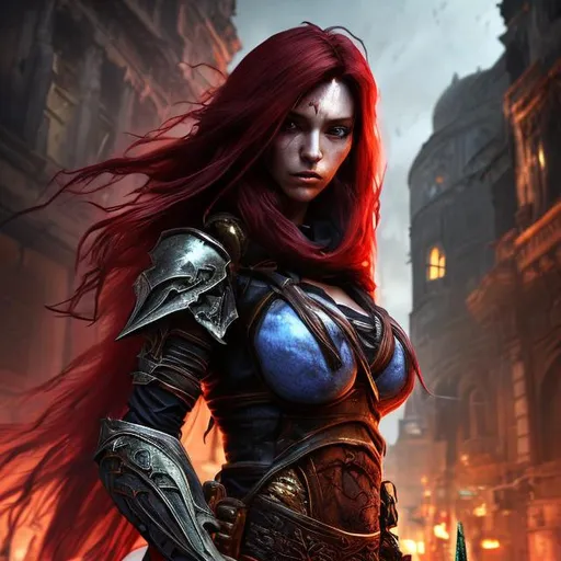 Prompt: Beautiful, otherworldly, busty , stunning, fantasy female assassin with long straight red hair, scar on her right eye, with 2 daggers in her hand an , running through the streets of Arabic city, hdr, unreal engine, 64k