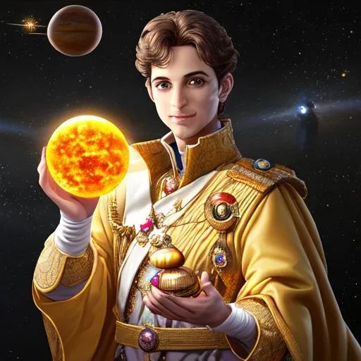 Prompt: A 33 years old prince is holding the ultrarealistic solarsystem in his hands. Photorealistic.