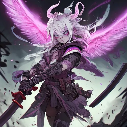 Prompt: a young demon (multi-color hair) (multi-color eyes)(she has rabbit ears) holding a katana, fighting, in a gunfight, bullets flying, fighting in a rural area, sad, (demon tail), (angel wings), lunging at the center, flying in the air

a masterpiece, 8k resolution, dark fantasy concept art, by Greg Rutkowski, dynamic lighting, hyperdetailed, intricately detailed, Splash screen art, trending on Artstation, deep color, Unreal Engine, volumetric lighting, Alphonse Mucha, Jordan Grimmer, purple and yellow complementary colours sinister by Greg Rutkowski