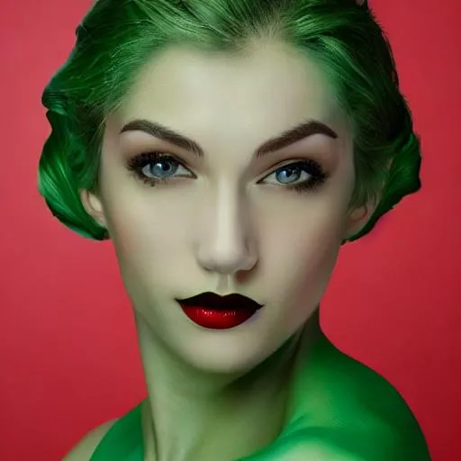 Prompt: Symmetry, beauty, poise, perfection., apprehension, eyes, smile, petite, blond, green, red lips
