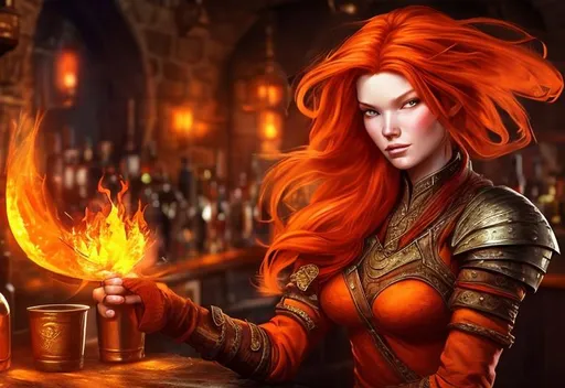 Prompt: fantasy art of a female fire mage with red hair is at the bar in a medieval tavern