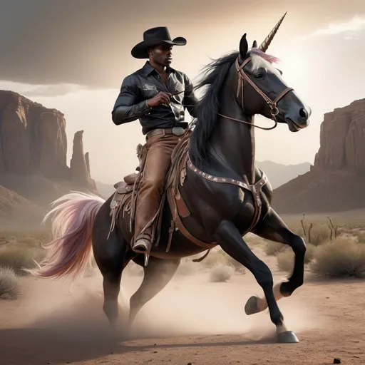 Prompt: Photorealistic image of a black cowboy taming a unicorn, rustic and weathered leather attire, dusty desert landscape, intense expression with focused gaze, detailed unicorn with ethereal glow, dynamic interaction, best quality, ultra-detailed, photorealism, wild west, unicorn taming, dusty tones, intense lighting