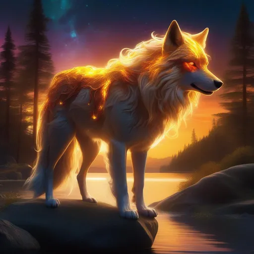 Prompt: Insanely beautiful (canine quadruped) that is glowing, thick golden mane, on two legs, translucent, luminescent, illusion, glistening fiery mane, glows like the sun, flaming red eyes, majestic wolf face, energetic fox, in a magical forest near a lake, sunrise, beneath the stars, crystal lake, waterfall, bioluminescent, highres, best quality, concept art, epic digital art, intricately detailed, cinematic, 8k eyes, highly detailed eyes, highly detailed, 64k, vibrant, UHD, professional