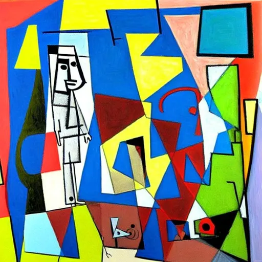 Prompt: A abstract painting big cubical background with different shapes and items and sizes of shapes textured textures into this painting different dimensions in this image different hidden items like a puzzle random lines or out of place items or things in this picture. A man walking a Dog random placement. Picasso style, neutral color scheme 