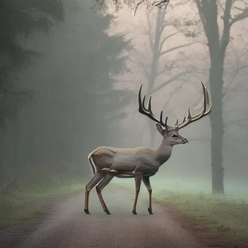 Prompt: a male deer in the distance in front of a forested wood mist on the floor  in pastel colours 