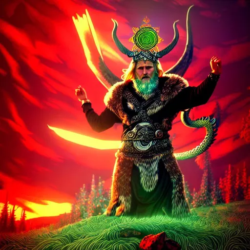 Prompt: Odin the ultimate Northman, viking, Nordic, Mage, explosion of crystals, highly detailed supreme mymir aura, dragon, flying under red sky and big symbol, CROWned , creepy luscious green forest , rhads, beeple,  alphonse mucha, clever global illumination, highly detailed and intricate environment background crystals madhouse, 