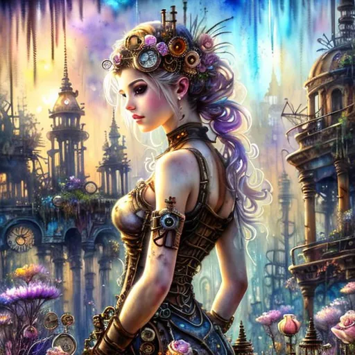 Prompt: steampunk, watercolor, wet on wet painting of a beautiful floating ethereal, steampunk woman goddess with a beautiful face, wearing victorian clothing, floating in an ethereal sea of dreams among the ruins of an abandoned, post apocalyptic futuristic city, surrounded by flowers and vegetation, in the style of steampunk,  Josephine Wall and Daniel Merriam, HD, 8k, High resolution, centered