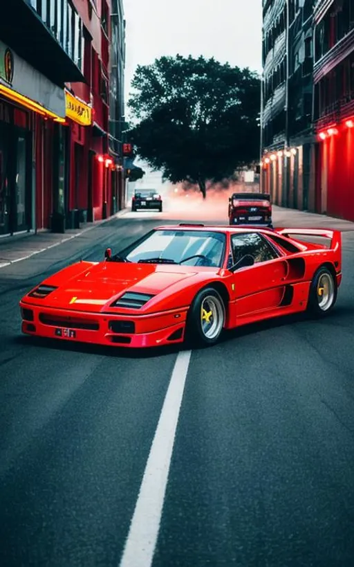 Prompt: Red Ferrari F40 prowling the streets at night with a neon backdrop, drifting with smoke behind the car, fireworks, in the sky