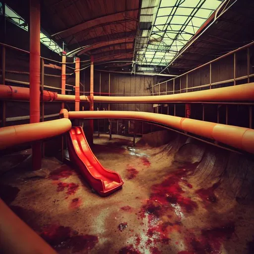 Prompt: Indoor water slides park empty dirty vomit dilapidated night dim lighting red dirty dry dark