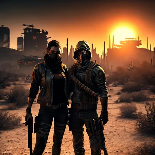 Prompt: Gritty. Sharp. Focussed. Accurate faces. Accurate hands. Post-apocalyptic masked survivor couple in settlement. Desert. Sci-Fi. Hyper-realistic. 4k. Gritty. Dark. Futuristic. Night. Sunset. Stars. 3 moons. Todd McFarlane style