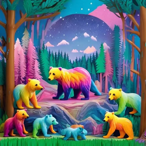 Prompt: Lisa frank style of bears in the forest diorama