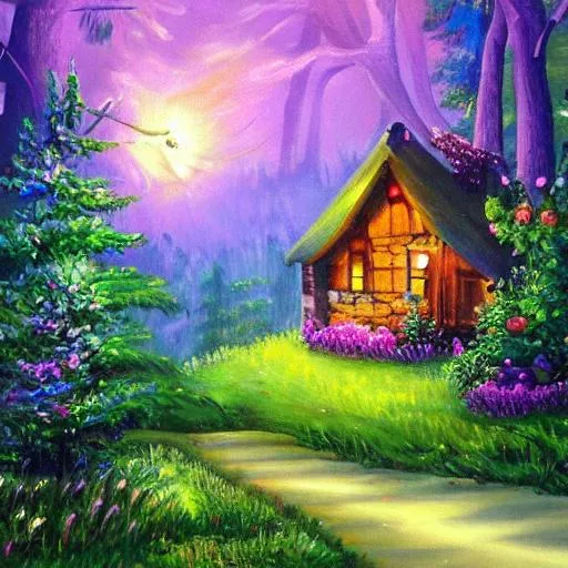 Prompt: magical cottage forest landscape painting




