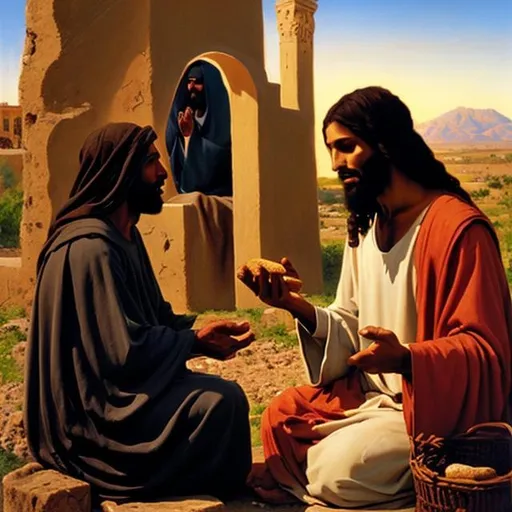 Prompt: black middle eastern jesus christ giving a piece of bread for a poor man, oil art
