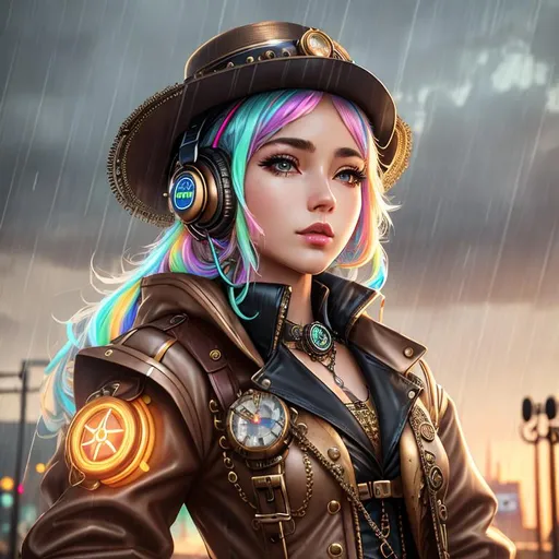 Prompt: masterpiece, steampunk girl alone, solo, incredibly absurd, sun hat, headphones, street, outdoor, rain, neon, by Sophia Beale, wearing jacket, trending on artstation, skydoll noa, by Cicely Hey, multi colored, by Melissa Benson, eco punk, portrait drawing
