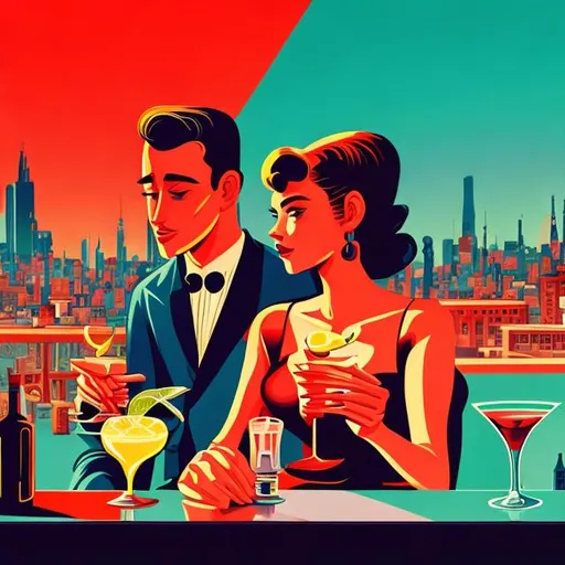 Prompt: retro artstyle, A gentleman sits with a European woman, holding a cocktail, in a rooftop cocktail bar with the main colors being red and blue.