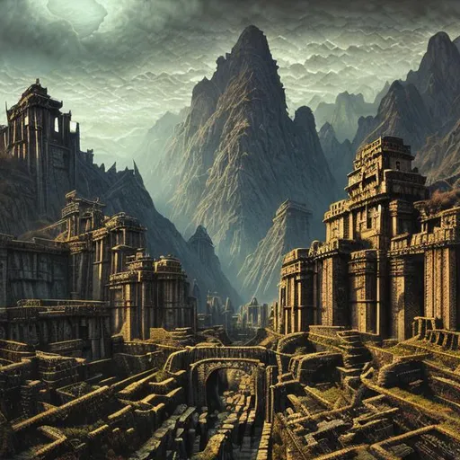 Prompt: Landscape painting, ancient gates of a dwarven city under the mountains, dull colors, danger, fantasy art, by Hiro Isono, by Luigi Spano, by John Stephens