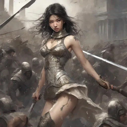 Prompt: splash art, hyper detailed perfect face, full body, In an ultra realistic ancient Greek battle zone,

beautiful, young adult, Asian, Victorian Era, goddess, full body, long legs, perfect body,

wearing a torn filthy and ragged dress, heavy iron slave collar, sword master, in an offensive pose,

high-resolution cute face, perfect proportions, intricate hyper detailed hair, light makeup, sparkling, highly detailed, intricate hyper detailed shining eyes,

Dark, ethereal, elegant, exquisite, graceful, delicate, intricate, hopeful, glamorous,

HDR, UHD, high res, 64k, cinematic lighting, special effects, hd octane render, professional photograph, studio lighting, trending on artstation