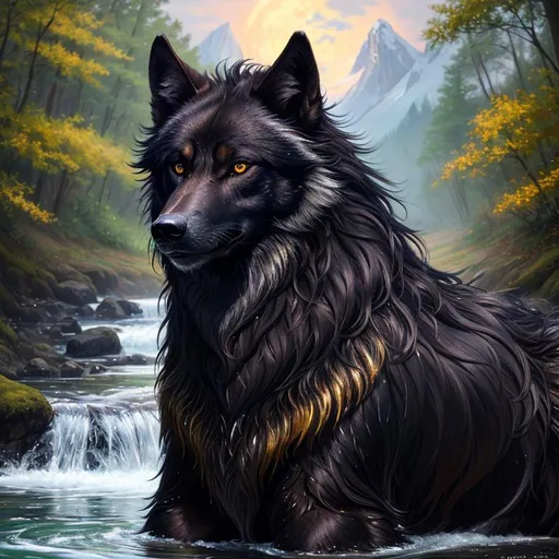 Prompt: (masterpiece, professional oil painting, epic digital art, artstation, best quality:1.5), insanely beautiful black wolf with (glistening detailed fur:2), slender, Luna, white chest, bushy mane, at a winding creek, beautifully detailed eyes, silver fur highlights, finely detailed, highly detailed face, vivid silver-yellow eyes, beautifully defined detailed furry legs, beautifully detailed deep shading, dynamic, depth, clean, sharp, highly Detailed body, highly detailed pastel pink clouds, billowing wild fur, thick forest canopy, full body focus, beautifully detailed sky, cinematic, energetic, alert, playful, youthful, 64K, UHD, unreal engine, high octane render, professional, Yuino Chiri