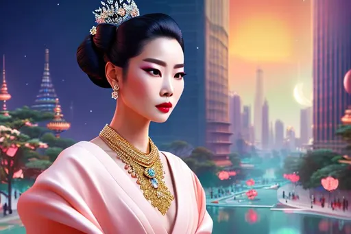 Prompt: head-on, surreal cartoon, high fashionista pose, glossy, walking toward viewer, stunning Japanese queen with hair pulled back into a bun, she is dressed like a summer queen, dramatic jewelry, statement necklace, background is architecture lit by the moon,  trending on artstation