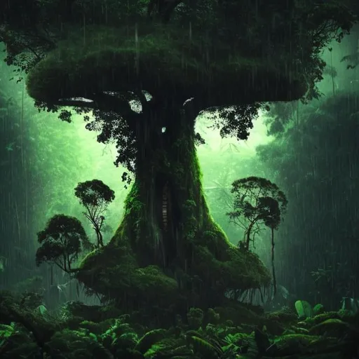Prompt: A tree with a hole in a rainy jungle 