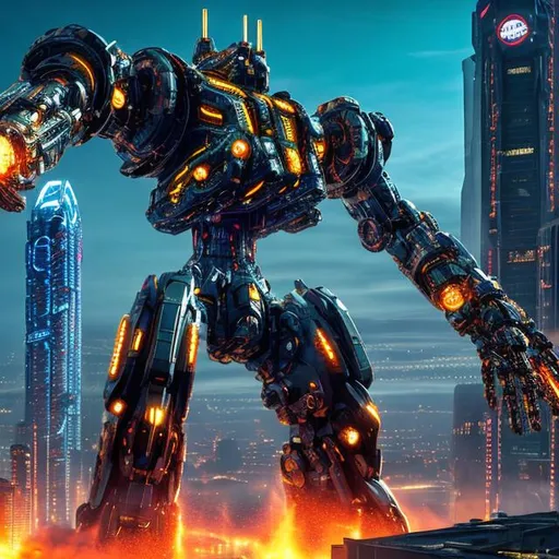 Prompt: A cyber punk 200 foot mech droid towering over a city(((( pacific rim, pacific rim, pacific rim, pacific rim, laser arm, laser arm, laser arm, blue and gold, blue and gold, blue and gold, giant drill on arm, giant drill on arm, giant drill on arm((( it’s fighting another mech robot(((( the second robot is purple and red, purple and red, purple and red, purple and red, laser canyon on both arms