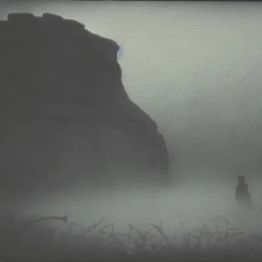 Prompt: eerie humanoid creature roaming a eerie wonderland hiding behind a big rock, grainy polaroid, early technicolour image, photorealistic, Blurry, running at you, in the fog