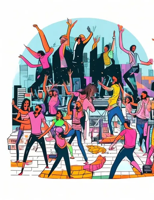 Prompt: colored comic book drawing of a rooftop disco party, people dancing, drinking, having fun, dj playing records 