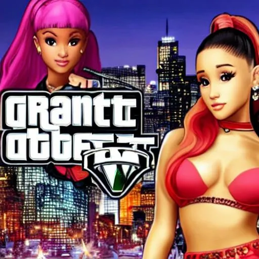 Prompt: stunning gta loading screen, highly detailed, beautiful ariana grande, symmetrical face