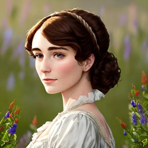 Prompt: Elizabeth Bennet from Pride and Prejudice, Elegant, 18th century clothing, elegant hair, 21 year old, beautiful girl with a background of wildflowers, closeup