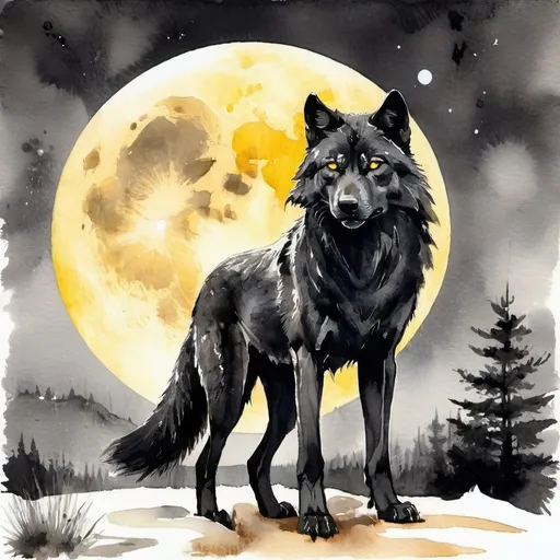 Prompt: huge black wolf with yellow glowing eyes, full moon in the background