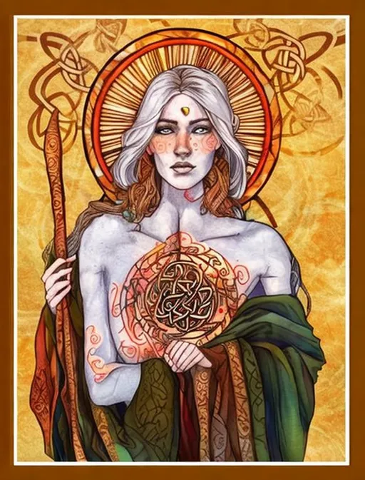 Prompt: A beautiful Irish  god . She has patterns on the skin. There are psychedelic Celtic style Patterns in the background. Photorealistic. Mysterious Vibes.