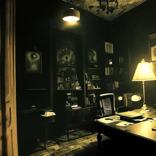 Prompt: horror eerie atmosphere eldritch office   with tourqoise shade