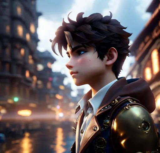 Prompt: Boy in a steampunk world  ,perfect  nose, brown hair, hairstyle to the side, oval face, weight 60kg, height 1.78, 17 years old close-up back view half body, perfect body,  Super detailed outfit with various gears over a steam powered city  , hyper realistic details, cinematic lighting, 3d, 8k