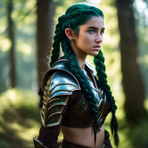 Prompt: handsome female paladin warrior with long green hair, braided hair, 19 years old, dark green colored hair, young, natural, exposed belly, ethnic, intimidating, dragonscale armor, troubled, tan skin, half-elf, freckles, detailed forest background, dawn forestside, holding longbow, portrait, cinematic lighting, highly detailed, digital painting, trending on artstation, pixiv, concept art, sharp focus, illustration, art by keith parkinson, hazel eyes, light eyes, warm eyes
