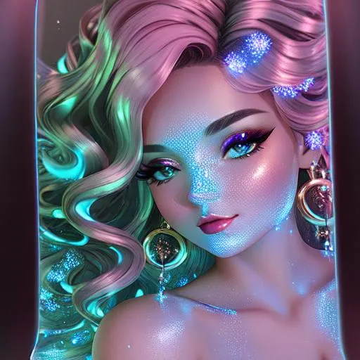 Prompt: Beautiful and sweet girl of warm glaze, wearing vaporous mini dress, discrete make up, glowing up, large curly black marine blue hair, light sparkles, drapping, big lips, pink cheeks, translucid, unreal engine 148k octane, 3d lightning, stellar clouds, quartz and opal, gem rain, soft white skin, long wavy hair, nice smile, luminous chest, fantasy, silence