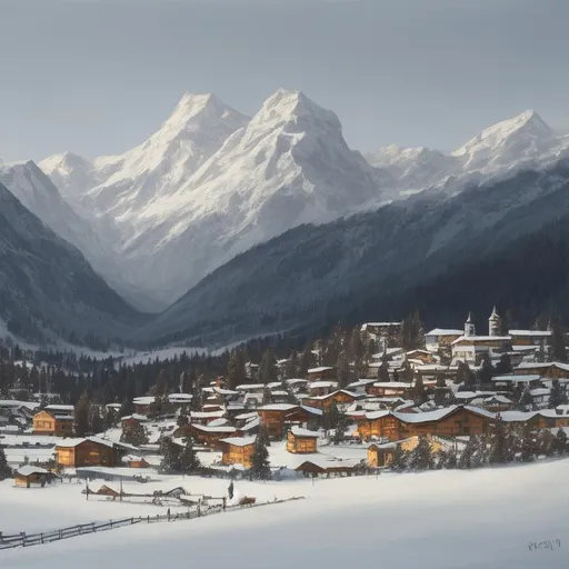 Prompt: A very simple painting of an alpine village with a snowy mountain range in the backround.