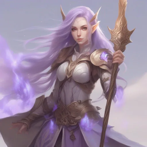 Prompt: A female air elemental, elf ears, lavender long windy hair, bronze bo staff, battle cleric armor